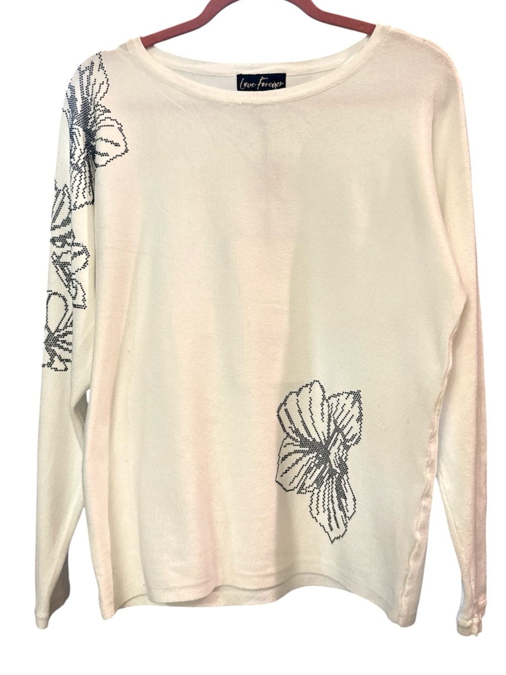 Love Forever Women's off white Long-Sleeve Top with beaded floral accents size M